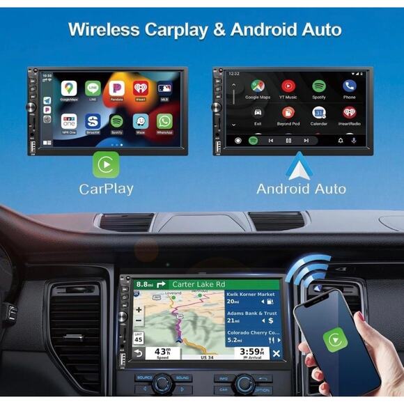 Upgrade Wireless 7” Double Din Car Stereo Apple Carplay Android Auto GPS BT - Picture 10 of 11